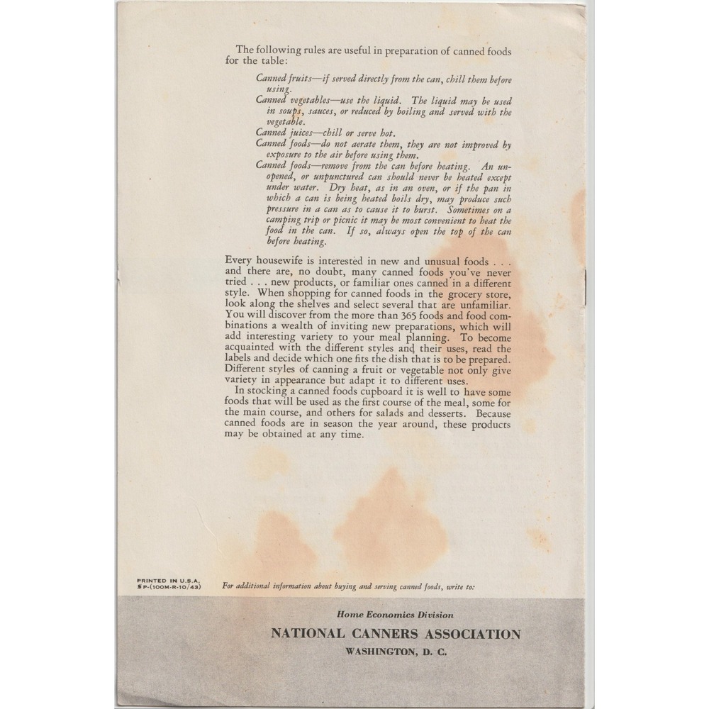 Vtg 1943 Know Your Canned Foods Booklet National Canners Association Pamphlet - Picture 2 of 3